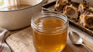 Glasgefäß mit goldbrauner, flüssiger Rinderknochenbrühe auf einem Holzbrett